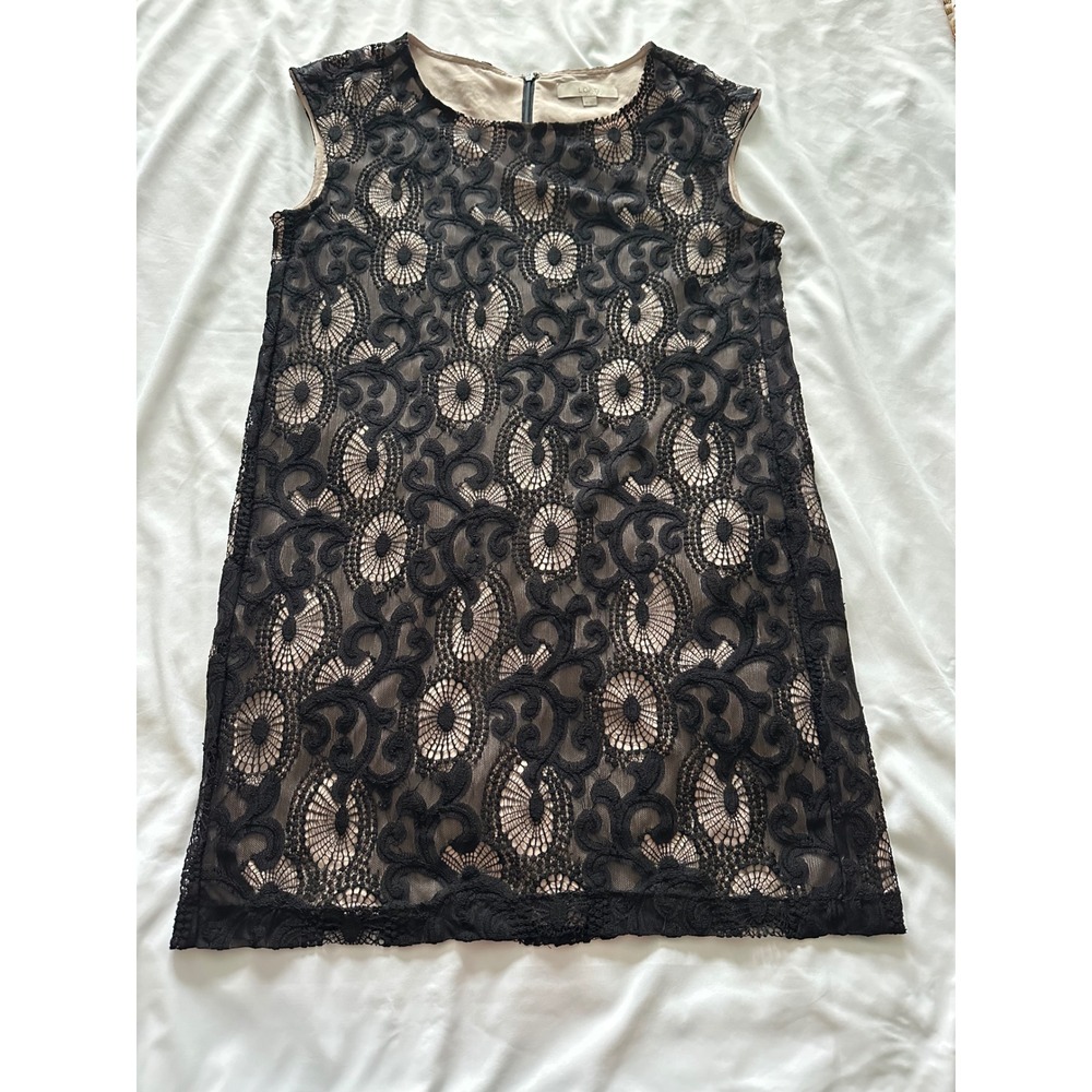 LOFT Black Corded Lace Sleeveless Shift Dress Nude Lining Round Neck Size 10